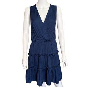 Naked Zebra Navy Sleeveless V-Neck Tiered Ruffled Dress Medium Polyester Blend